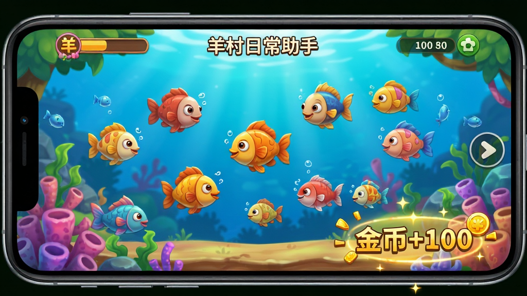 手机横屏显示“羊村日常助手”内置的一款捕鱼小游戏画面,游戏场景色彩斑斓,鱼群游动,界面右下角有“金币+100”的飘字提示。整体布局饱满,游戏画风卡通,特效华丽,画质细腻,干净整洁,无多余UI干扰。