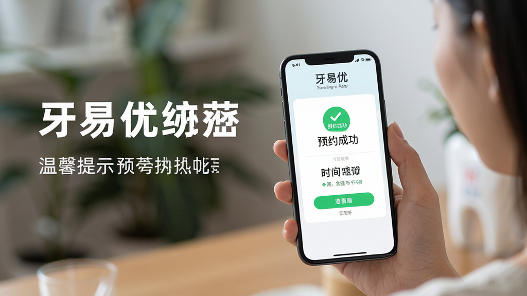 主体:用户手持手机打开牙易优App,屏幕显示挂号成功提示与时间地点信息。布局:人物位于画面右侧,手机屏幕朝向前方,左侧留白添加温馨提示文字。排版:大标题加辅助说明文字,色彩明亮。风格:实拍风格,生活化场景。细节:手机屏幕有