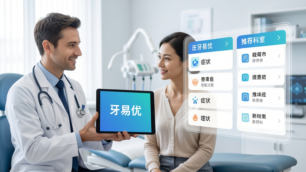 主体:医生正在向患者展示平板上的牙易优智能分诊结果。布局:左侧为医生与患者互动,右侧悬浮显示症状选项和推荐科室列表。排版:界面卡片式布局,文字清晰。风格:写实医疗场景结合现代科技感。细节:平板屏幕上有
