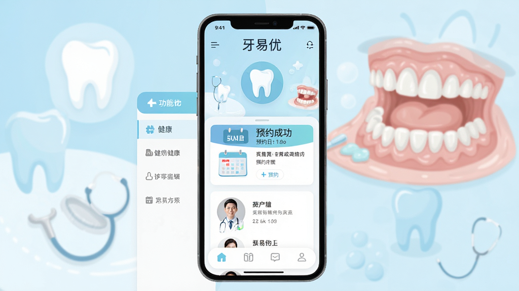 主体:手机屏幕中显示牙易优App界面,界面有牙齿健康图标、预约日历和医生头像列表。布局:左侧为功能菜单,右侧展示预约成功卡片,下方悬浮导航栏。排版:现代扁平化UI设计,信息层级分明。风格:清新医疗风格,主色调为淡蓝与白色。细节:屏幕上方有