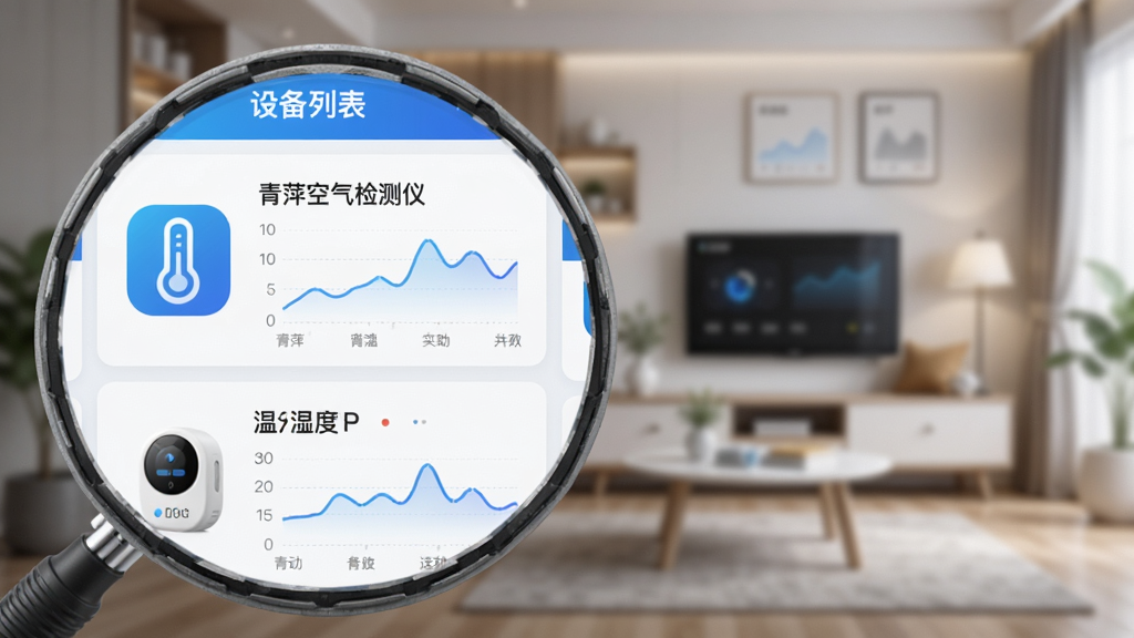 青萍物联App设备列表页局部放大图,展示多个环境监测设备卡片,包含青萍空气检测仪和温湿度计图标,卡片上有实时更新的数据曲线,背景虚化的智能家居场景,UI设计简洁现代,蓝白配色,排版整齐有序,产品渲染质感强烈,高分辨率呈现