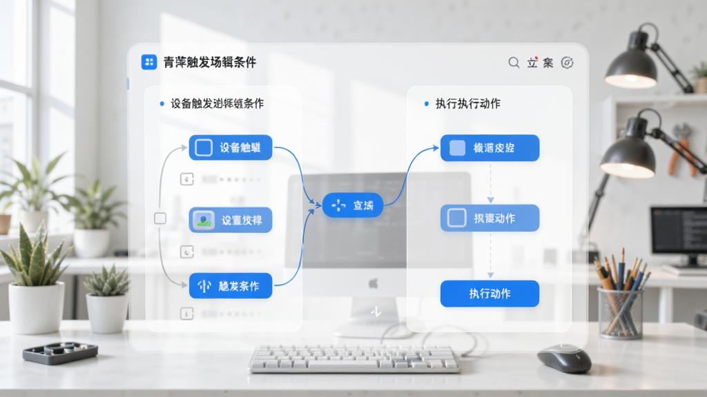 青萍物联App自动化场景编辑界面预览,展示条件触发逻辑链,图形化编程风格,左侧是设备触发条件,右侧是执行动作,背景为明亮的工作室环境,界面采用卡片式交互设计,色彩清新,蓝色高亮显示关键按钮,整体画质干净通透,细节丰富