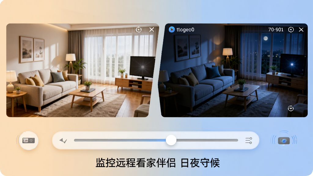布局为左右分屏对比样式,左侧是光线明亮的家居客厅画面,右侧是同一场景在夜间微弱光线下的监控画面,右侧图像色彩饱满。主体为监控远程看家伴侣的界面在不同光线下的显示效果。排版上左右画面各占一半,中间以柔和渐变线分隔,下方配有一体化的功能调节滑杆。风格写实且具有科技感,色调左暖右冷。细节需表现出画面切换的平滑感以及夜视功能的清晰度,画质细腻无噪点,底部文字标注“监控远程看家伴侣 日夜守候”。