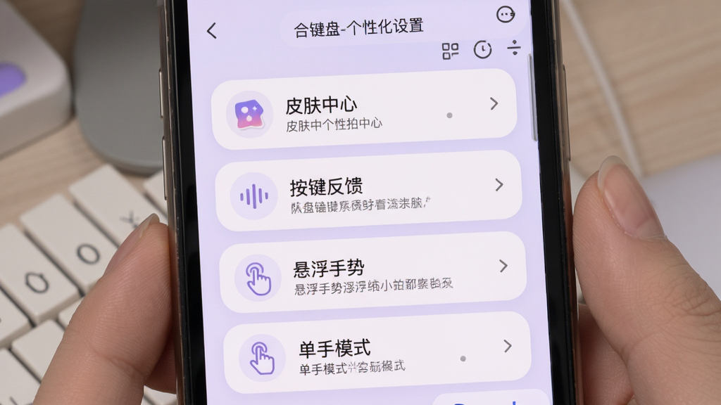 合拍键盘个性化设置界面展示图,手机屏幕上显示输入法设置页面,包含“皮肤中心”“按键反馈”“悬浮手势”“单手模式”等选项,每个选项都有对应的图标和简短说明,背景为浅紫色,整体风格柔和,突出个性定制功能,画质干净,无多余元素,文字标注“合拍键盘-个性化设置”