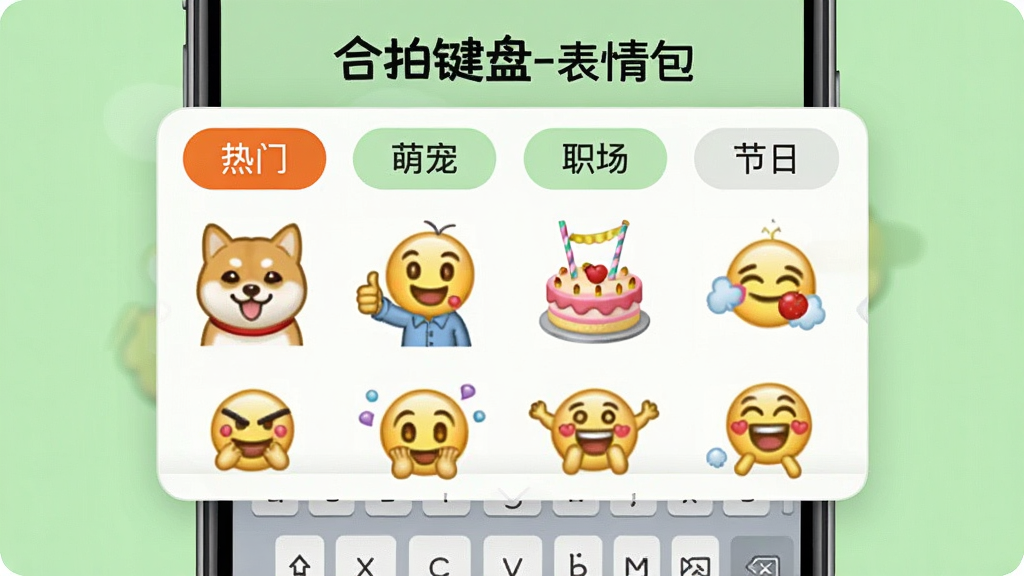 合拍键盘表情包功能演示图,手机屏幕上键盘上方展开表情包分类栏,显示“热门”“萌宠”“职场”“节日”等标签,下方陈列着多款生动有趣的表情包缩略图,包括一只可爱的柴犬、一个竖大拇指的小人、一个庆祝蛋糕等,背景为浅绿色,整体氛围活泼,画质干净,无多余元素,文字标注“合拍键盘-表情包”