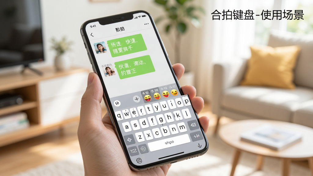 合拍键盘在手机上使用的场景图,画面中一只手握着手机,屏幕显示微信聊天界面,键盘区域弹出合拍键盘,上方有快捷短语列表和表情包图标,背景是明亮的生活场景,整体氛围轻松自然,画质干净,无多余元素,文字标注“合拍键盘-使用场景”