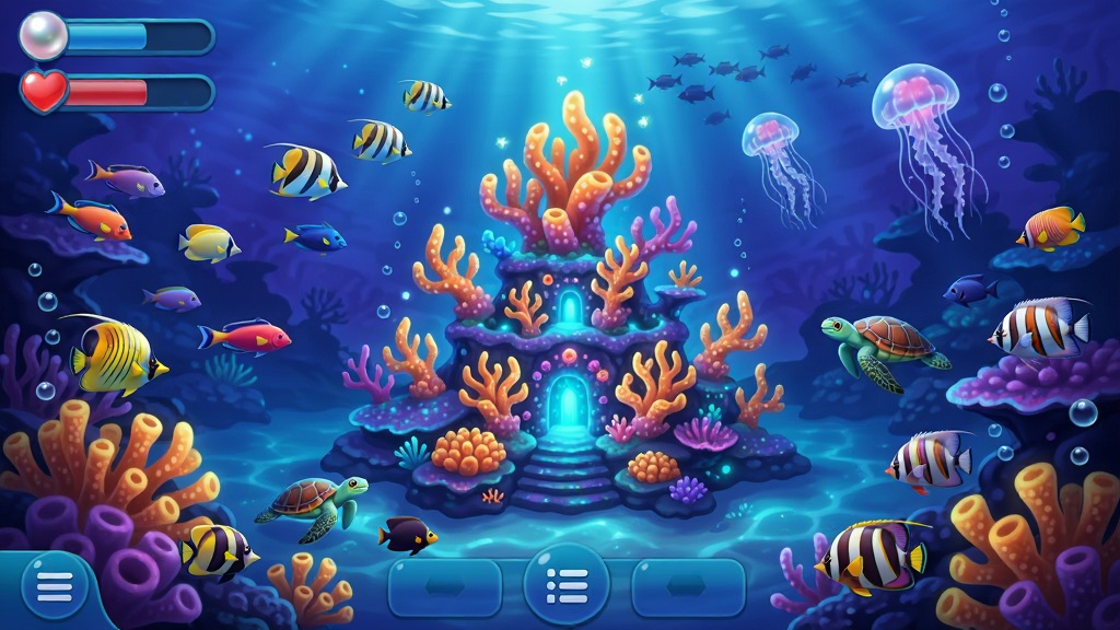 深海水族馆游戏主界面截图,展示一片绚丽多彩的深海珊瑚礁生态,画面中央有一座发光的珊瑚主城,周围环绕着各种热带鱼、海龟、水母等生物,整体色调以蓝紫色为主,点缀着橙黄色珊瑚,画面梦幻唯美,充满生机,UI布局简洁,左上角显示珍珠与生命值,底部有菜单按钮,画质细腻,干净无多余元素。