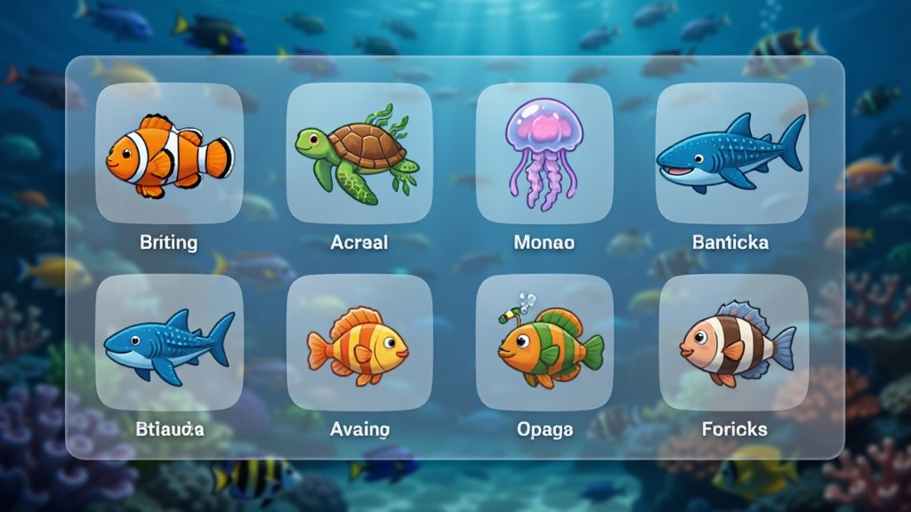 深海水族馆生物图鉴界面截图,展示一个半透明面板,上面排列着各种海洋生物的卡通图标,包括小丑鱼、海龟、水母、鲸鲨等,每个图标下方标注名称,背景是模糊的深海场景,可见游动的鱼群,UI简洁清晰,图标设计精致,色彩鲜艳,画质细腻。