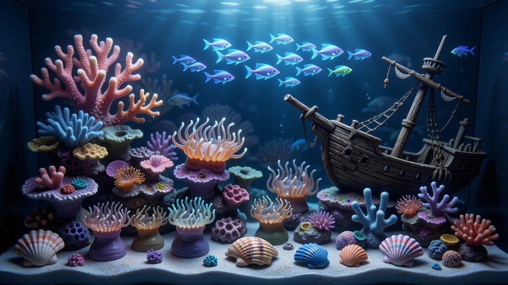 深海水族馆装饰系统展示图,展示玩家自定义布置的深海场景,画面中有各种颜色的珊瑚、海葵、贝壳、沉船等装饰物,错落有致,一条发光鱼群游过,光线柔和,整体风格梦幻,色彩斑斓,细节丰富,画质精美。