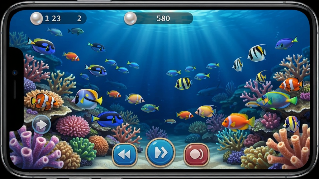 深海水族馆游戏运行截图,展示在手机上的实际运行效果,画面中珊瑚礁繁茂,鱼群游动,屏幕上方显示珍珠数量,下方有操作按钮,整体界面流畅,色彩鲜艳,背景是深蓝色的海水,光线自然,画质清晰,无多余文字。