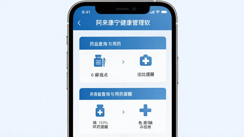 阿来康宁健康管理软件主界面截图,手机屏幕显示药品查询与用药提醒功能,界面采用蓝色医疗风格配色,图标清晰,布局简洁,背景为干净的浅色系,整体风格现代专业,画质高清,干净无多余元素