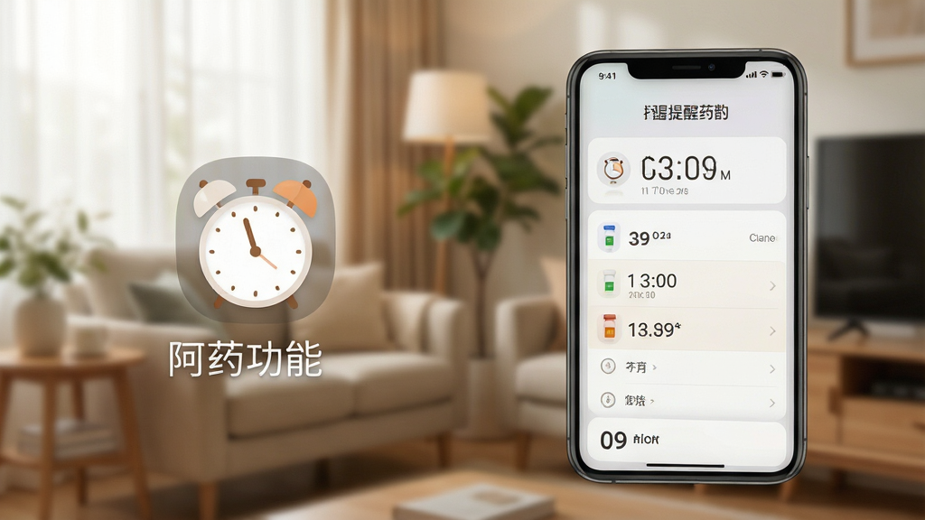 阿来康宁用药提醒功能界面,手机闹钟图标与药物列表展示,背景为温馨的家庭环境,界面简洁,提醒时间清晰可见,风格干净明亮,画质高清,无多余元素