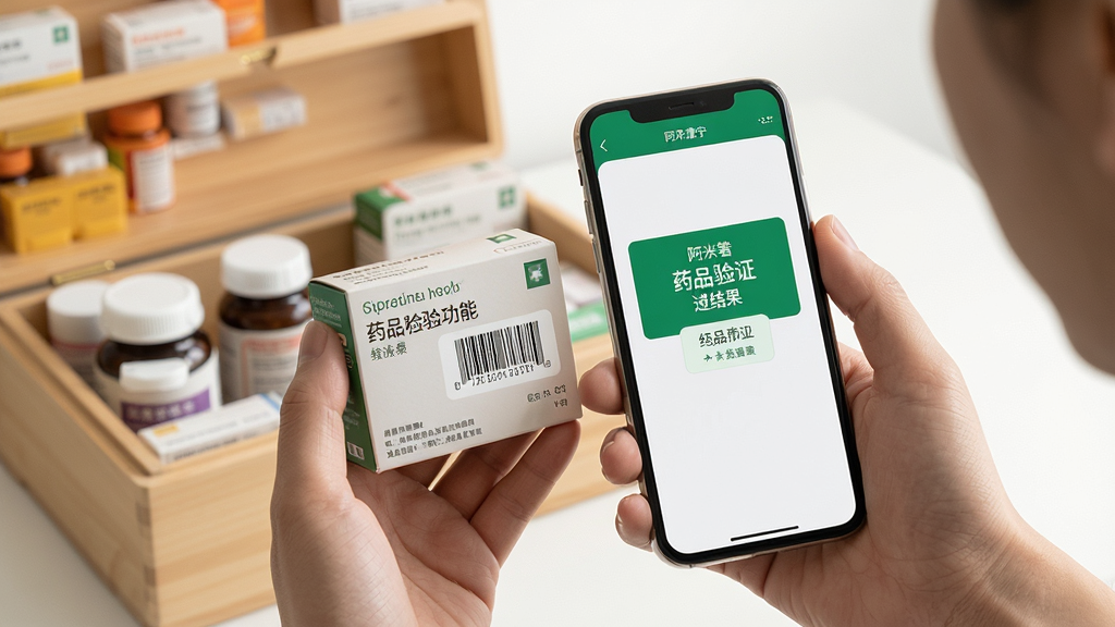 阿来康宁药品扫码核验功能使用场景,用户手持手机扫描药盒条形码,屏幕显示药品验证通过结果,背景为家庭药箱,画面清晰明亮,风格写实,布局居中,突出扫码动作与手机屏幕内容,画质高清