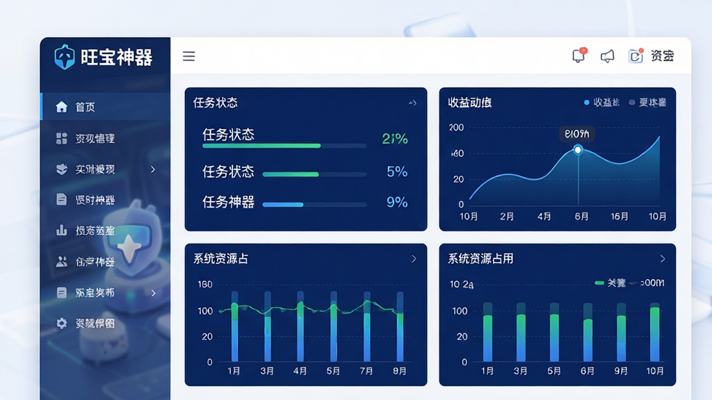 旺宝神器主界面预览,展示简洁的仪表盘布局,左侧为功能导航栏,右侧为实时运行数据面板,包含任务状态、收益曲线与系统资源占用图表。整体采用深蓝与白色搭配的现代科技风格,界面干净通透,无多余装饰元素,画质高清,细节清晰,突出软件名称“旺宝神器”的logo位于左上角。