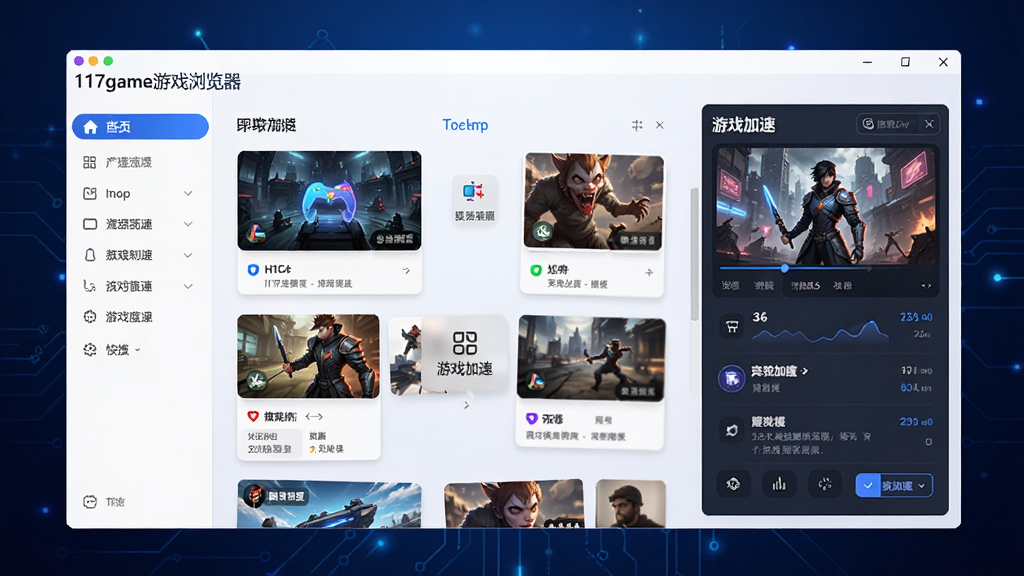 画面中央展示一款名为“117game游戏浏览器”的现代软件界面,左边是网站导航栏,右边是游戏加速面板,背景采用深蓝色科技感渐变,整体风格简洁明亮,布局清晰,细节丰富,画质高清,干净无多余元素