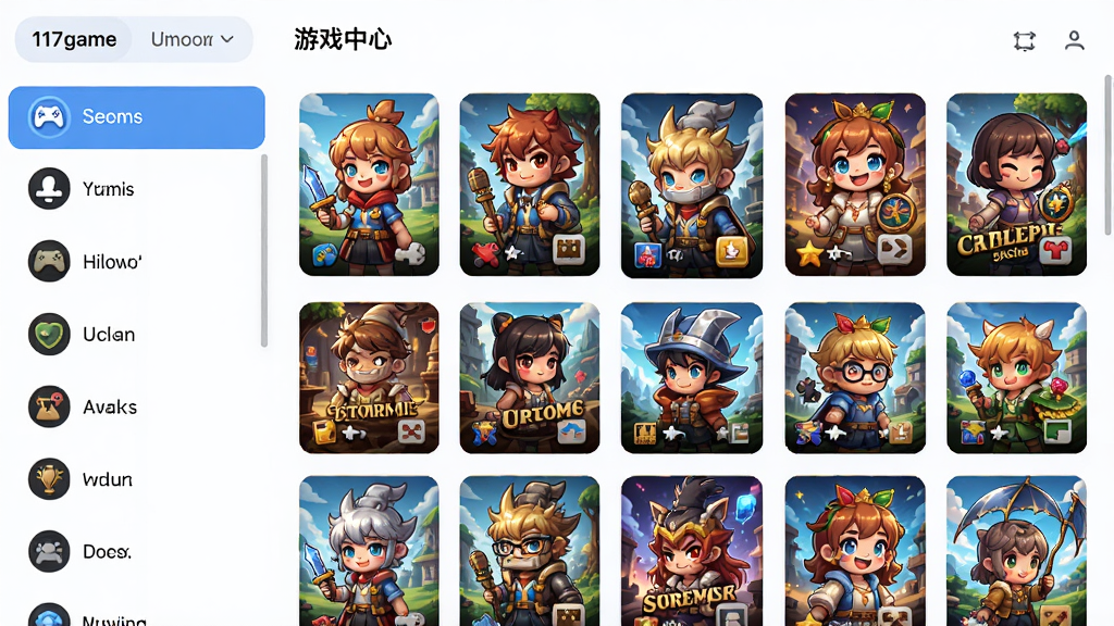 展示117game游戏浏览器游戏中心的界面,左侧为游戏分类列表,右侧为游戏缩略图墙,整体风格清新活泼,布局有序,排版美观,细节丰富,画质高清,干净无多余元素