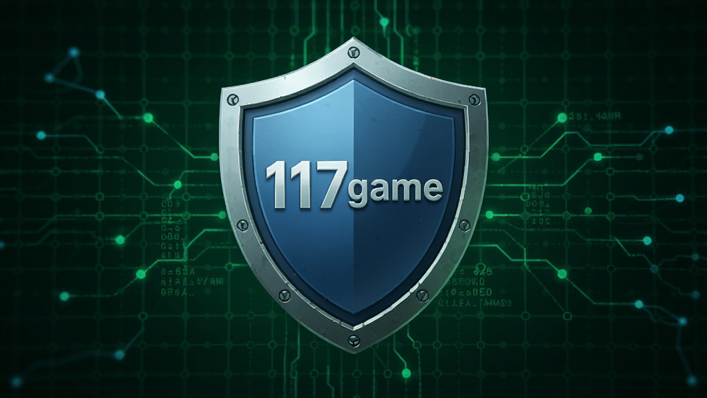 展示117game游戏浏览器的安全防护盾牌图标,背景为绿色网络安全网格,整体风格庄重稳重,布局居中,排版清晰,细节精致,画质细腻,干净无多余元素