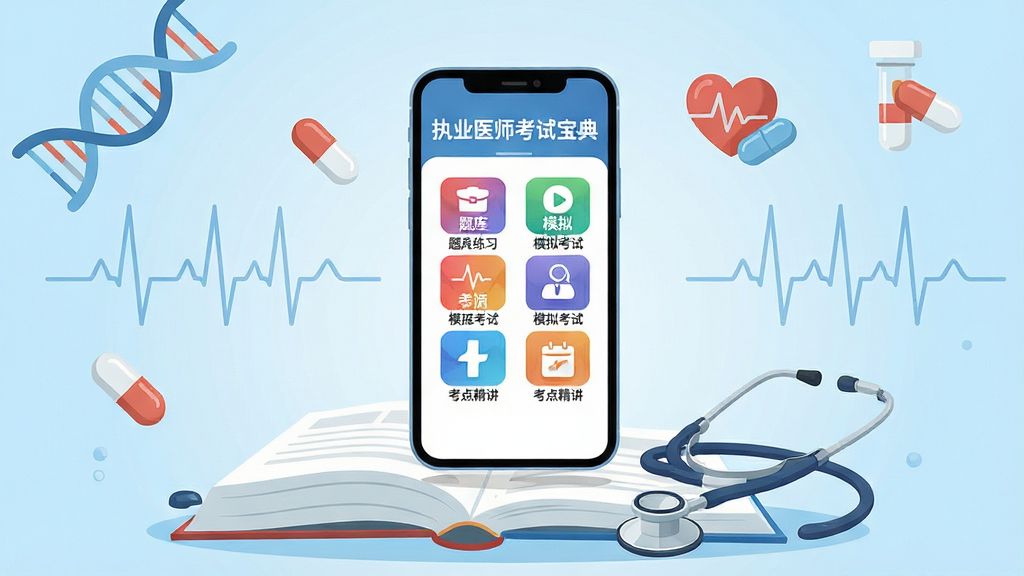 画面主体为一部智能手机悬浮在医学书籍与听诊器之上,屏幕中清晰显示