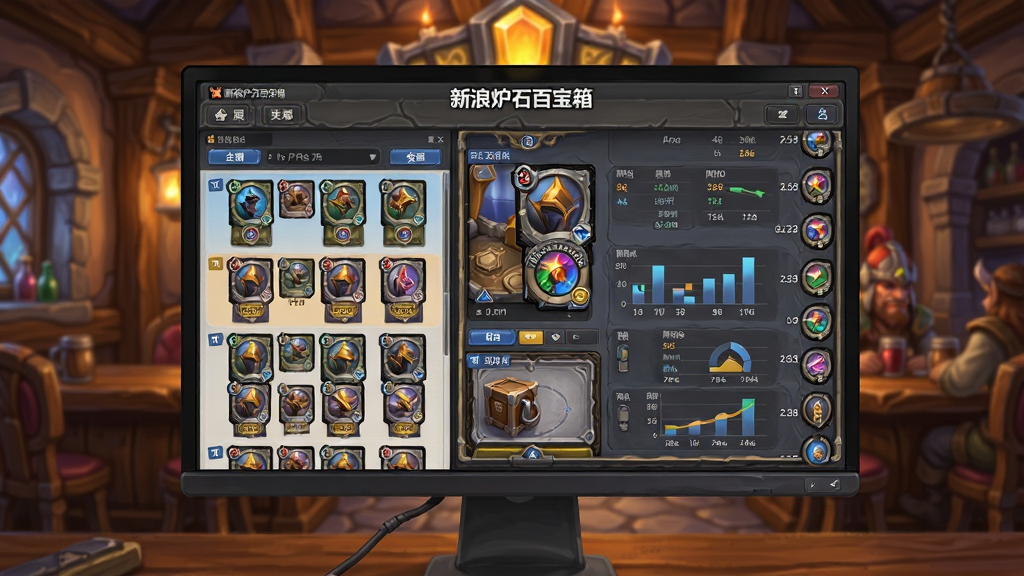 主体:新浪炉石百宝箱软件主界面,展示在电脑屏幕上,界面清爽,左侧为卡组列表,右侧为详细卡牌数据;布局:居中构图,屏幕内容清晰可辨,周围有炉石传说风格的酒馆背景;排版:界面元素排列整齐,功能按钮分明;风格:现代扁平化结合游戏原画风,色彩明亮;细节:屏幕中显示“新浪炉石百宝箱”字样,卡牌图案精致,数据图表简洁;画质:高清渲染,干净,无多余元素。