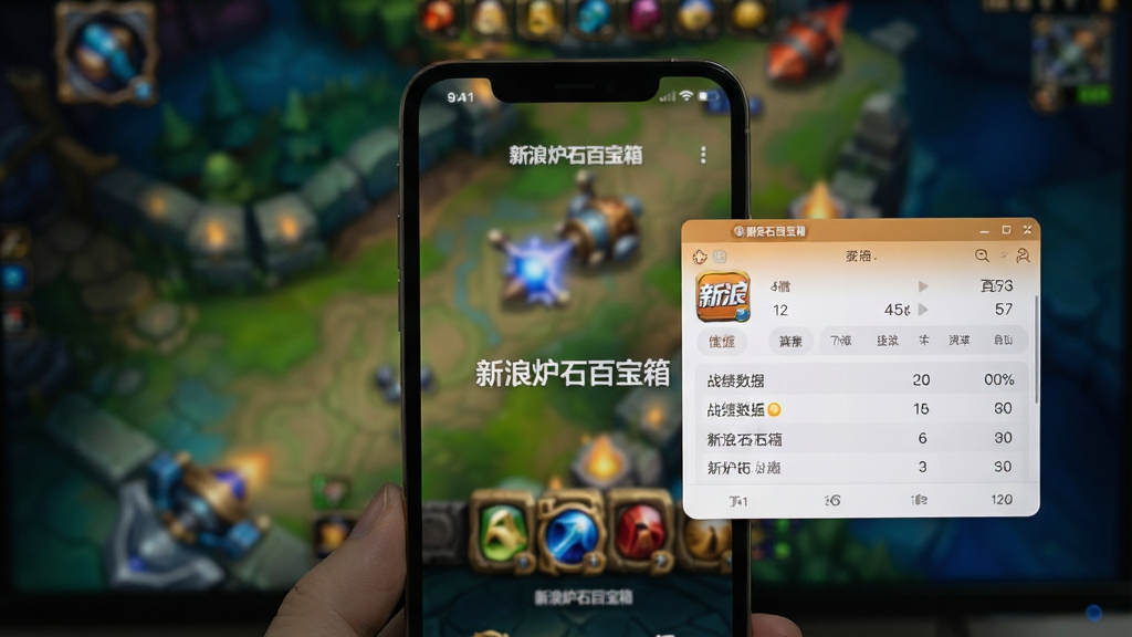 主体:新浪炉石百宝箱在手机上的使用场景,手机屏幕显示悬浮窗与战绩数据;布局:手机居中,背景模糊的游戏画面;排版:悬浮窗位于屏幕右侧,数据清晰;风格:真实摄影风格,光线柔和;细节:手机上有“新浪炉石百宝箱”字样及悬浮窗;画质:高清,干净,无多余元素。
