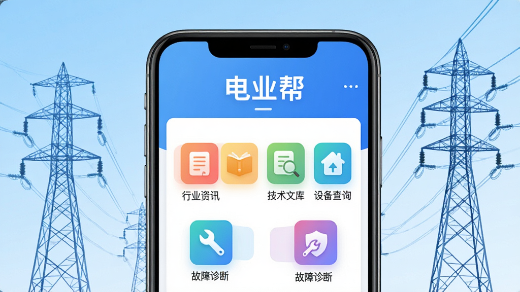 电业帮软件主界面预览图,主体为一部智能手机展示电业帮APP界面,界面顶部有“电业帮”文字标识,下方排列着行业资讯、技术文库、设备查询、故障诊断等彩色图标,布局简洁清晰。背景为浅蓝色渐变,搭配电力铁塔和高压线元素,风格现代科技感,画质高清,干净无多余元素。