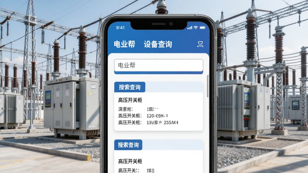 电业帮设备查询功能演示,主体为手机屏幕,显示输入框和搜索结果列表,结果包含“高压开关柜”型号及详细参数卡片,顶部有“电业帮”和“设备查询”字样。背景为变电站实景,风格写实专业,画质高清,无多余元素。
