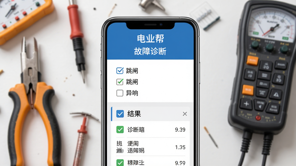 电业帮故障诊断界面,主体为手机屏幕,显示勾选故障现象选项(如“跳闸”、“异响”),下方展示诊断结果列表,顶部有“电业帮”和“故障诊断”文字。背景为电工工具和仪表,风格简洁实用,画质清晰,无多余元素。