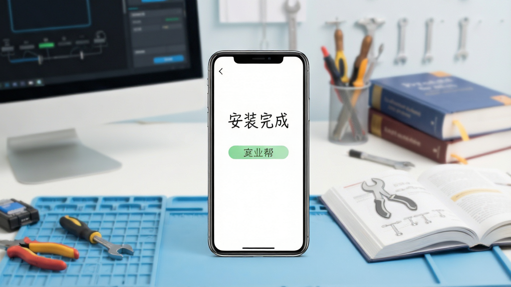 电业帮安装步骤示意图,主体为一部手机,屏幕显示“安装完成”界面,背景为工作台,旁边有电脑和工具书,风格简洁明快,画质清晰,干净无多余元素。