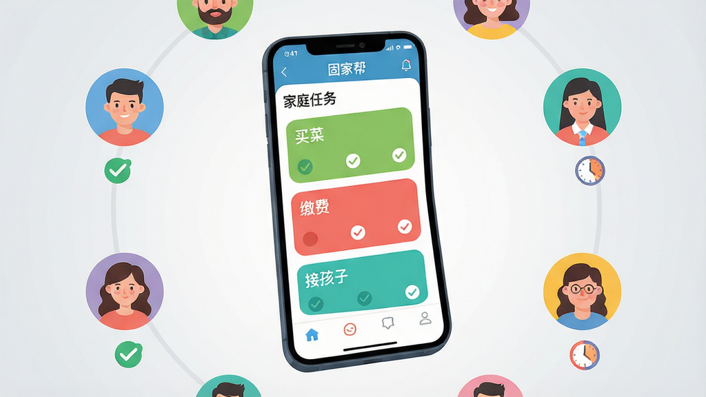 ���壺һ�������ֻ������ڻ������룬��Ļ��ʾ�̼Ұ�Ӧ�õġ���ͥ���񡱽��棬�������ж����ɫ����Ƭ���ֱ��ע����ˡ������ɷѡ������Ӻ��ӡ������������������״̬��ѡ��ǡ����֣��ֻ�λ�ڻ�������ƫ�ϣ���Χ�����ż�ͥ��Ա��ͷ��ͼ�꣬ÿ��ͷ���·��жԹ���ʱ�ӷ��ţ����������������ɡ��Ű棺�ֻ���Ļ����Ϊ�Ӿ����㣬ͷ��ͼ��Χ���ֻ��ʻ������С���񣺱�ƽ���廭���ɫ�����죬����Ϊǳ��ɫ���䣬ͻ������Ԫ�ء�ϸ�ڣ�����ƬԲ����ƣ�����������ͷ��ͼ����б�ʶ�ȣ������Ӿ����ࡣ���ʣ�����ʸ���ʸУ��޶���Ԫ�ء�
