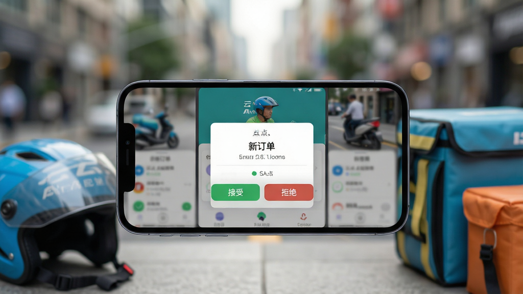 主体:一部手机横屏显示云点配送的骑手接单界面,背景为模糊的城市街景。布局:手机位于画面中央,屏幕内容清晰可见。排版:屏幕上显示“新订单”弹窗,底部有“接受”与“拒绝”按钮。风格:写实摄影风格,光线自然,手机屏幕内容为UI设计。细节:手机周围有骑手头盔、外卖箱等道具。画质:高清拍摄,景深效果自然,干净无多余元素。