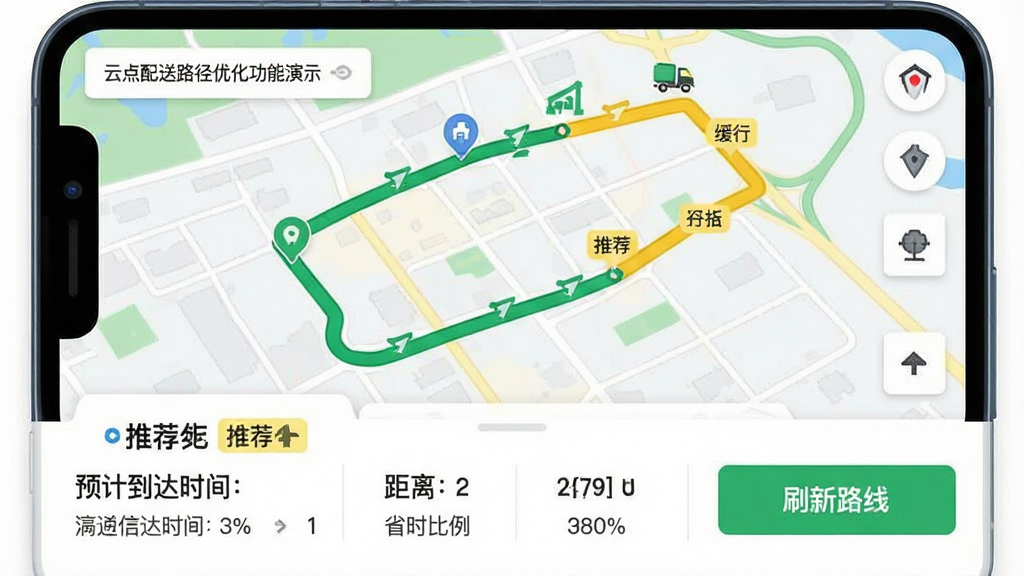 主体:云点配送路径优化功能演示,手机地图上展示骑手当前位置与多条可选路径。布局:地图占据屏幕上半部分,下半部分为信息面板,展示预计到达时间、距离与省时比例。排版:路径以不同颜色显示,推荐路径加粗并带“推荐”标签。风格:扁平化地图风格,配色清新,绿色代表畅通,黄色代表缓行。细节:路径沿线有小型地标图标,信息面板有“刷新路线”按钮。画质:细节丰富,干净无多余元素。
