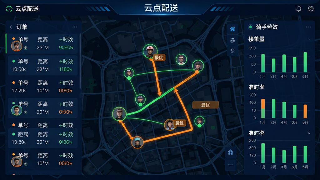 主体:“云点配送”智能调度后台界面,中央为城市地图,地图上分布多个骑手位置光点与订单连线。布局:画面左侧为订单列表,右侧为骑手绩效面板,地图占画面主体。排版:订单列表每行显示单号、距离、时效,骑手面板用柱状图展示接单量与准时率。风格:深蓝色科技风界面,配以荧光绿和橙色高亮,地图采用暗色模式。细节:地图上有一条加粗的优化路径建议线,骑手头像旁有“最优”标签。画质:高清晰度,界面无冗余元素,干净利落。