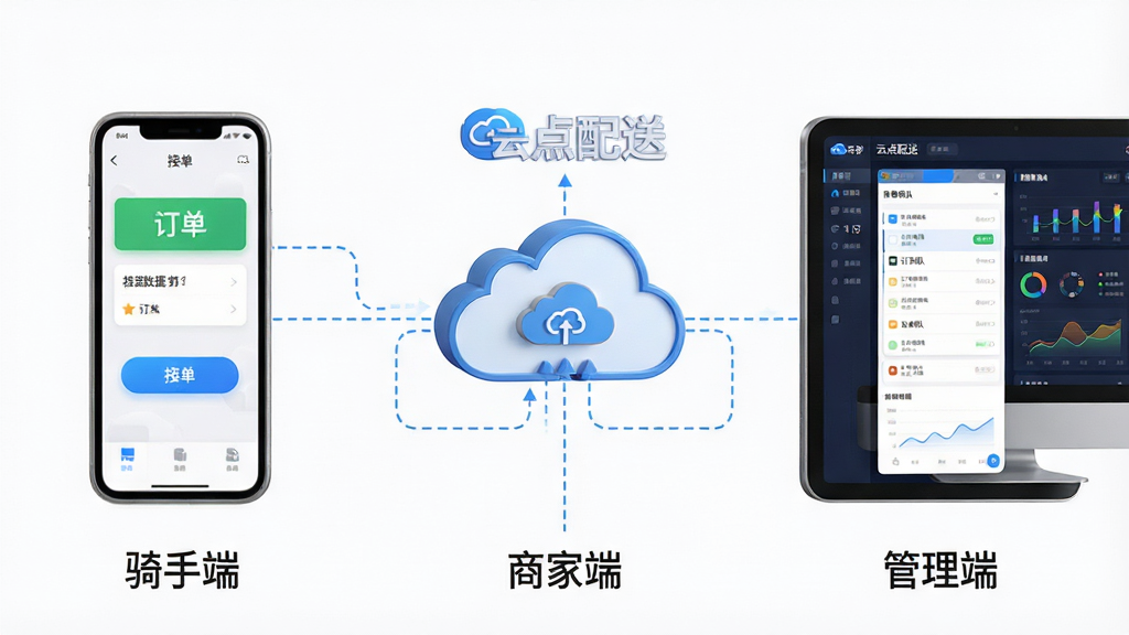 主体:“云点配送”多端协同示意图,画面分为三个区域,分别代表骑手手机端、商家平板端与调度电脑端。布局:中心为云端数据传输图标,三个设备环绕分布,设备屏幕内容以缩略图形式展示。排版:每个设备下方标注“骑手端”“商家端”“管理端”文字,云端图标上方有“云点配送”标识。风格:商务简约风格,白底背景,设备渲染精致,数据流以蓝色虚线表示。细节:骑手端屏幕显示接单按钮,商家端屏幕显示订单队列,管理端屏幕显示统计图表。画质:高清3D渲染,画面干净,无多余元素。