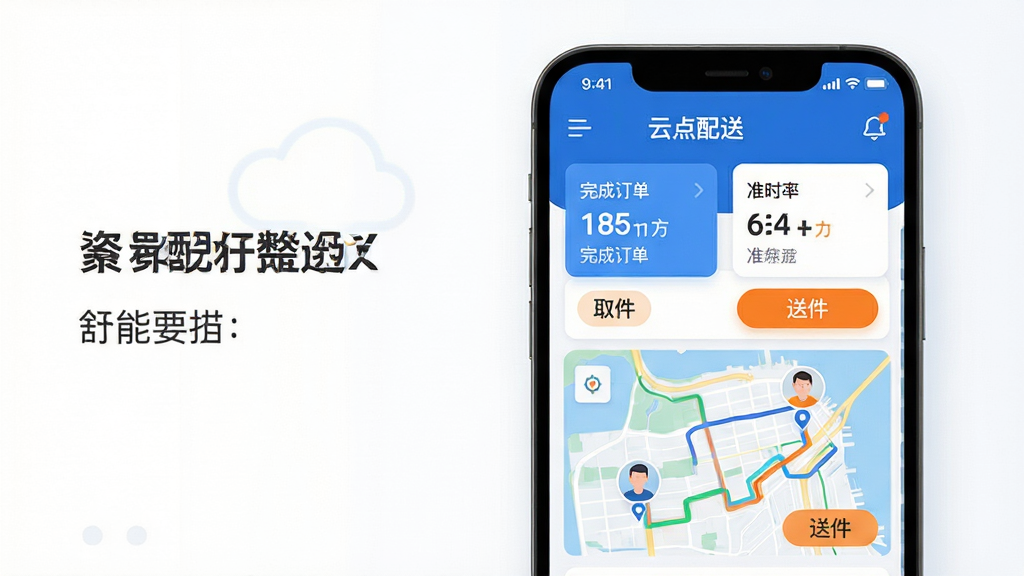 主体:云点配送软件主界面展示在一块现代智能手机屏幕中央,屏幕占比大,清晰显示配送订单列表、地图路径与骑手状态图标。布局:手机位于画面中心偏右,左侧留白区域配以简洁功能说明文字块,整体构图平衡,上方标题栏有“云点配送”字样。排版:界面采用卡片式布局,关键数据如完成订单数、准时率以数字卡片突出显示,地图区域在下方占据二分之一宽度。风格:扁平化设计,色彩以蓝色和白色为主,辅以橙色强调按钮,整体风格清爽、专业、科技感。细节:地图上显示几条彩色配送轨迹线,骑手位置以头像小图标呈现,订单卡片上标注“取件”“送件”状态标签。画质:高清渲染,细节丰富,干净无多余元素。