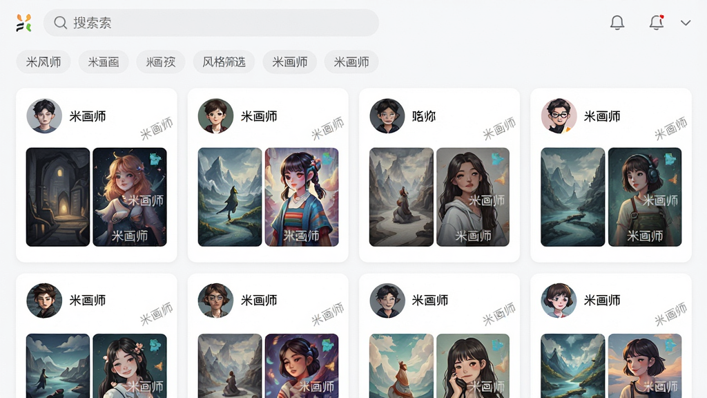 主体:米画师App画师列表页面,展示不同风格画师头像与作品卡片;布局:多张画师卡片以网格形式排列,每张卡片包含头像、昵称、代表作缩略图;排版:卡片整齐排列,顶部有搜索栏与风格筛选标签;风格:清新简洁的UI设计风格;细节:卡片上显示“米画师”平台水印,画师作品风格各异;画质:高清,干净,无多余元素