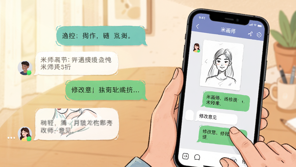 主体:用户正在手机上操作米画师App,屏幕显示与画师的聊天沟通界面;布局:手机占据画面右侧,左侧有对话框与气泡元素;排版:手机屏幕内聊天内容清晰可见;风格:生活化场景插画风格;细节:手机屏幕上显示“米画师”字样,聊天内容包含画作草稿与修改意见;画质:高清,干净,无多余元素