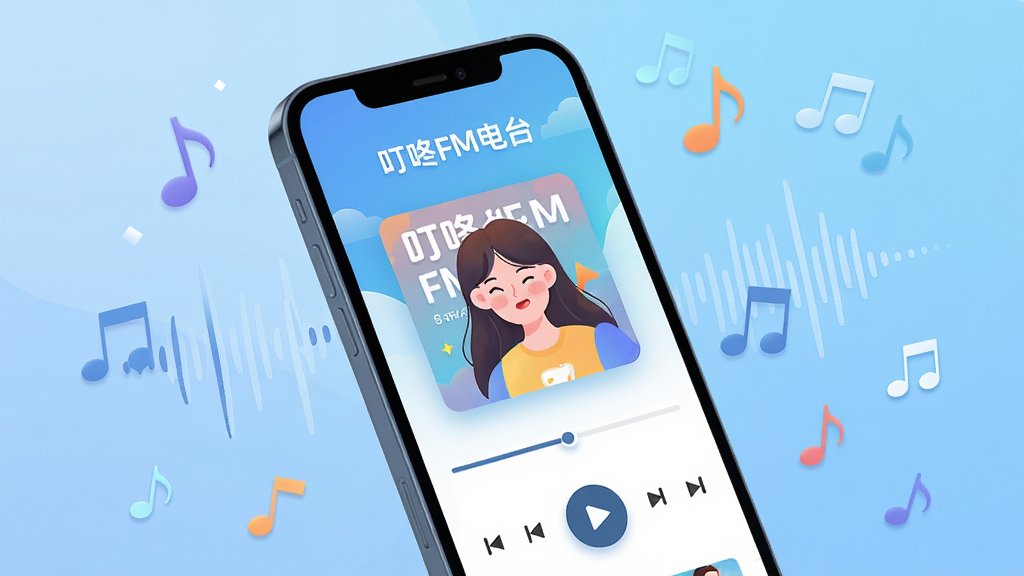主体:叮咚FM电台APP界面,以手机屏幕为载体,占据画面中央。布局:手机屏幕内展示音频播放页面,包含专辑封面、播放按钮、进度条,屏幕上方有“叮咚FM电台”字样。排版:手机略微倾斜,背景为柔和渐变蓝色,四周有音符和声波图形点缀。风格:现代扁平化插画风,色彩明亮清新,细节精致。画质:高清渲染,干净无多余元素。
