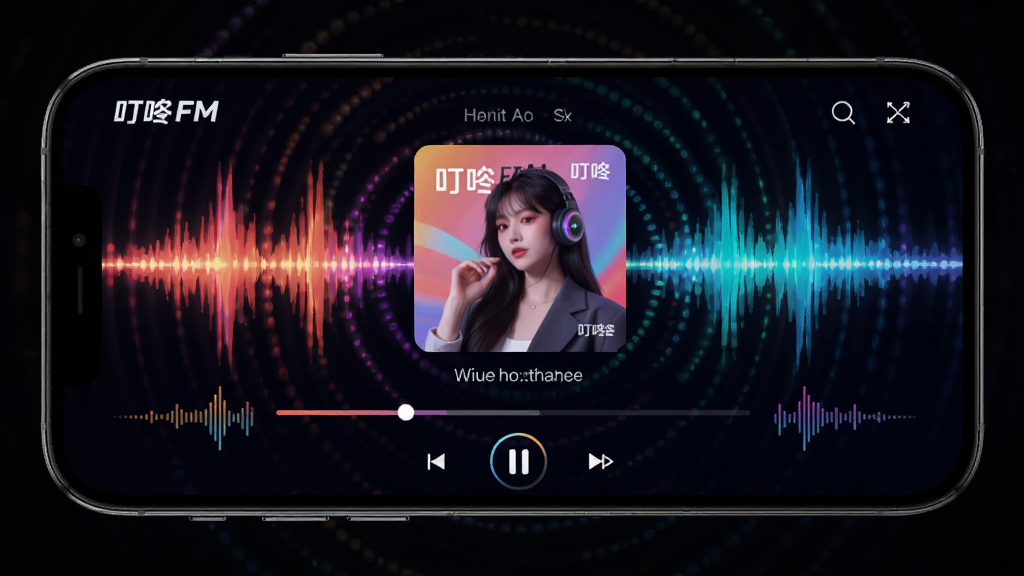 主体:叮咚FM电台播放界面,显示当前歌曲和波形动效。布局:手机横屏放置,背景为彩色声波扩散效果。排版:界面中央显示专辑封面,下方为进度条和播放控制按钮。风格:动态光影风格,色彩绚丽。画质:高帧率渲染,干净无多余元素。