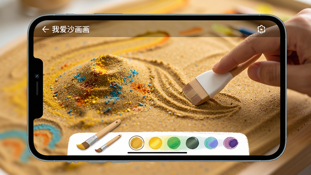 ��д���Ұ�ɳ������Ӧ�ý��棬��Ļ����չʾɳ���ѻ���Ĩƽ��ϸ�ڹ��̣�ɳ�����ֽ�����ɫ��ϣ���ָ�ù��߻������������ۼ��������·��б�ˢ����ɫѡ�����������黯��ͻ��ɳ���ʸе�ϸ������ʵ����ͼ����ĻΪ���壬�Ű����������ø���дʵ��񣬻��������ɾ����޶���Ԫ�ء�