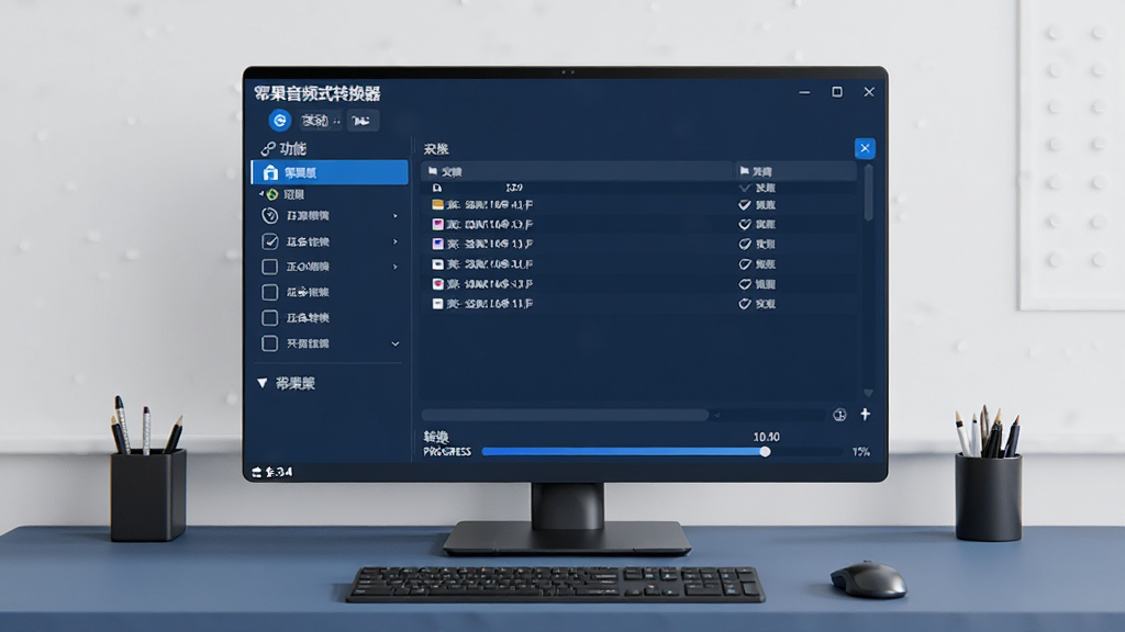 主视觉展示幂果音频格式转换器运行在Windows电脑桌面上的全貌,界面窗口居中显示,深蓝色主题色调,左侧为功能列表,右侧为文件列表与转换进度条,背景为干净整洁的纯色工作台,整体布局大气专业,细节清晰,画质干净,无多余元素。