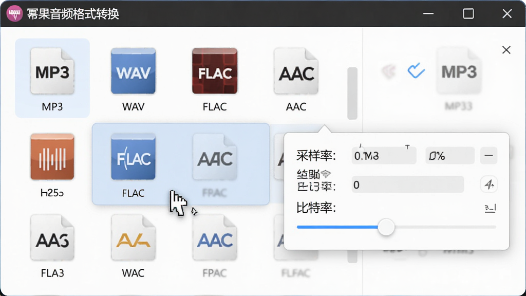 展示幂果音频格式转换器的格式选择面板,界面列出MP3、WAV、FLAC、AAC等多种格式图标,鼠标悬停在FLAC选项上,右侧弹出参数调节窗口,显示采样率与比特率滑块,界面设计现代,软件名称幂果音频格式转换器出现在窗口标题栏,排版清晰,画质细腻。