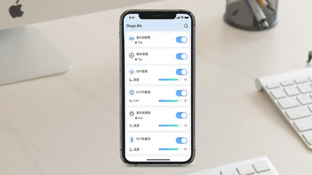 画面主体为手机端APP界面截图模拟,显示设备管理列表,每个设备右侧有开关按钮和速度条。布局为手机竖屏居中展示,背景为浅色办公桌面,排版列表整齐有序。风格为移动端UI设计,界面以白色和浅蓝为主色调,细节上设备名称旁有类型小图标,速度条颜色渐变。画质清晰,无多余装饰元素。