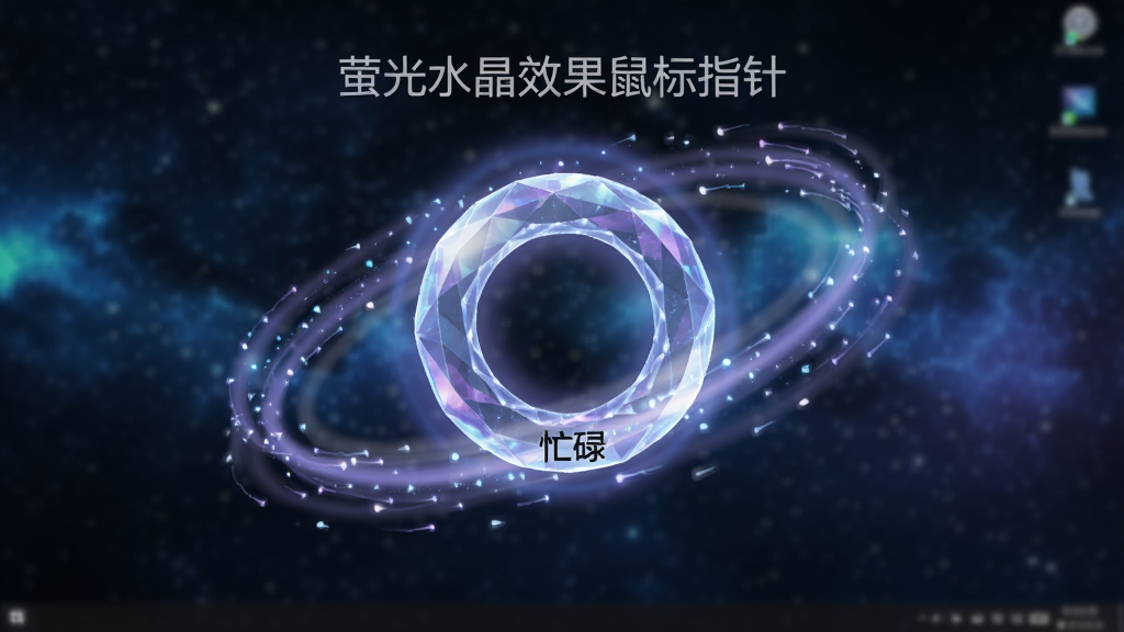 动态效果演示图,主体为“萤光水晶效果鼠标指针”的“忙碌”状态,呈现一个旋转的荧光水晶圆环,周围有细小的光点拖尾,桌面背景为模糊的星空壁纸,光效呈蓝紫色调,布局居中,排版强调动感轨迹,风格科幻唯美,细节突出光晕与粒子,画质高清,干净无多余元素,图中标注“萤光水晶效果鼠标指针”