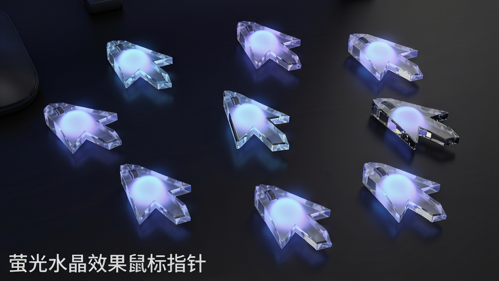 一幅高清产品展示图,主体为“萤光水晶效果鼠标指针”在深色渐变桌面上的实际应用效果,多枚不同状态(正常、悬停、后台运行)的水晶指针错落排布,透明晶体内嵌柔和蓝紫色荧光,光晕自然漫射,布局居中,排版疏朗,风格写实细腻,细节呈现半透明折射与高光,画质8K,干净无多余元素,画面左下角带软件名称“萤光水晶效果鼠标指针”字样