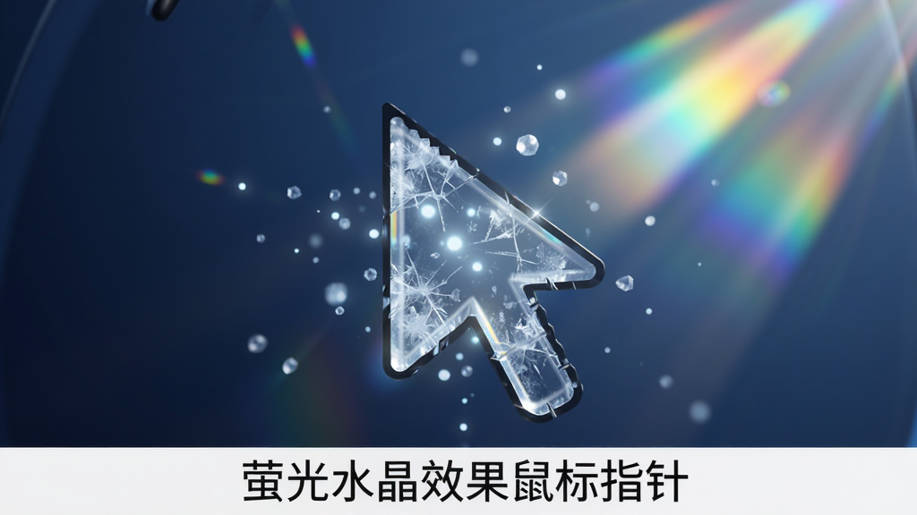 高清特写图,主体为“萤光水晶效果鼠标指针”的“正常选择”状态光标,放大显示其晶莹透明的材质细节,内部有细微的冰裂纹和悬浮的光点,背景为柔和的深蓝色渐变,光线从右上角穿透水晶产生彩虹色散,布局居中特写,排版简洁,风格CG渲染,细节丰富,画质细腻干净,无多余元素,图片底部标注“萤光水晶效果鼠标指针”