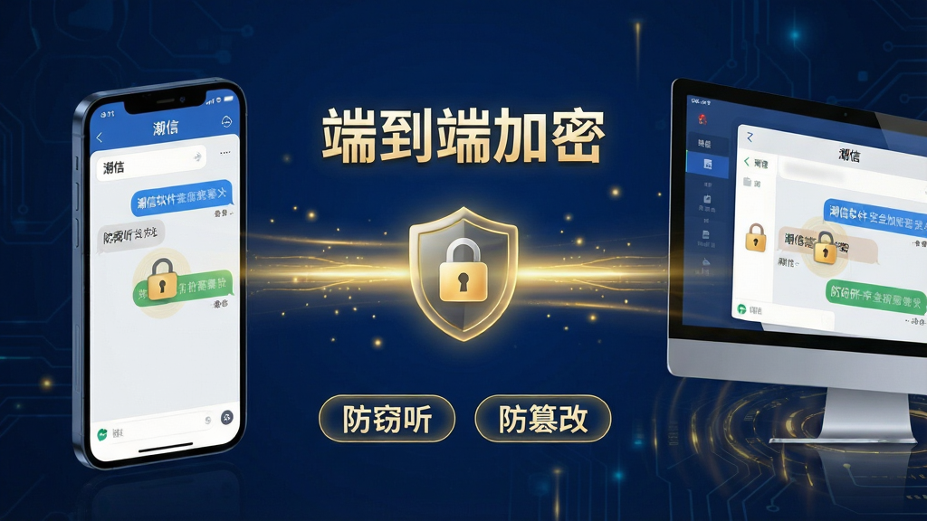 主体:潮信软件的安全加密功能示意。布局:画面左侧为发信人手机,右侧为收信人电脑,中间通过一条带有盾牌锁图标的光束连接。排版:光速上方悬浮“端到端加密”字样,下方有“防窃听”、“防篡改”文字标签。风格:深蓝色科技背景,辅以金色光效,突出安全氛围。细节:屏幕上显示潮信对话界面,锁头图标清晰。画质:高清渲染,干净无多余元素。