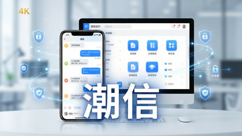 主体:潮信软件的品牌形象展示,界面设计现代简约,主色调为蓝色与白色。布局:画面中央为一部智能手机与一台电脑,屏幕中显示潮信的对话列表与功能图标,周围环绕轻盈的科技线条与信息安全图标。排版:主体突出,背景虚化,前景文字“潮信”醒目居中。风格:科技感与商务感兼备,明亮通透。细节:界面中的聊天气泡、文件图标、会议按钮清晰可辨。画质:4K超清,干净无多余元素。