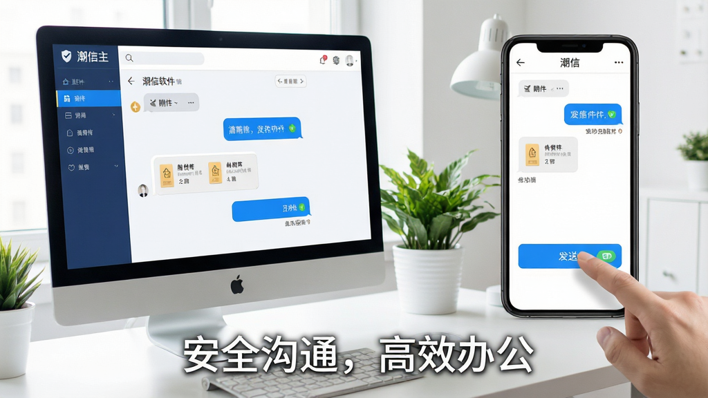 主体:潮信软件使用场景特写。布局:画面左侧为电脑屏幕显示潮信主界面,右侧为手机屏幕,手指正在点击发送按钮。排版:画面下方有“安全沟通,高效办公”的文字。风格:干净明亮的办公桌,有绿植点缀。细节:界面中的对话框、附件图标、已读回执清晰。画质:高清,干净无多余元素。