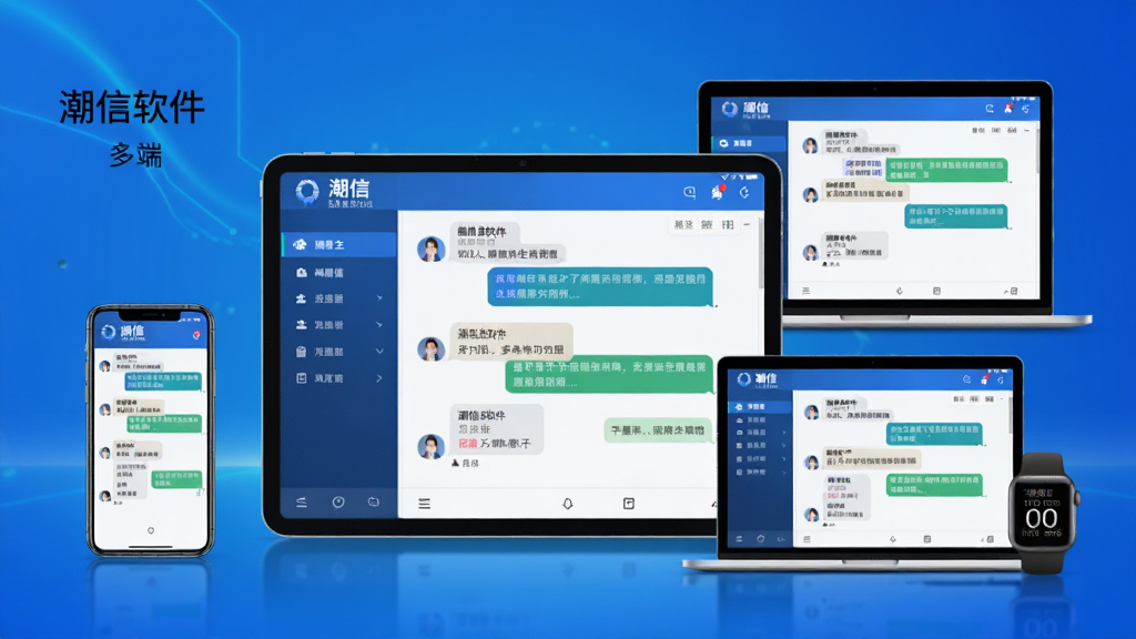 主体:潮信软件多端同步功能展示。布局:画面中央是一个大平板,显示潮信主界面,周围环绕手机、笔记本电脑、智能手表等设备,均显示相同的潮信界面。排版:设备环绕排列,平板居中突出。风格:渐变蓝色背景,科技感强。细节:每个设备屏幕上的对话内容一致。画质:超清,干净无多余元素。