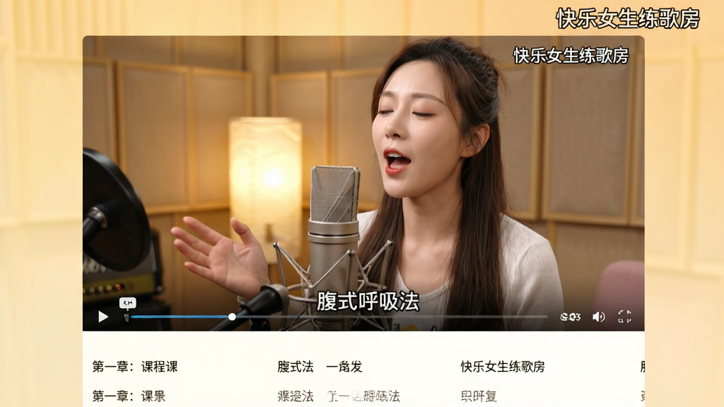 图片展示快乐女生练歌房教学视频页面,主体为视频播放窗口与课程列表,布局上方为正在播放的教学视频,下方为课程章节列表,风格为明亮暖色调,视频画面中老师示范口型与呼吸动作,细节显示“腹式呼吸法”字幕,画质清晰自然,无多余元素,右上角显示“快乐女生练歌房”字样